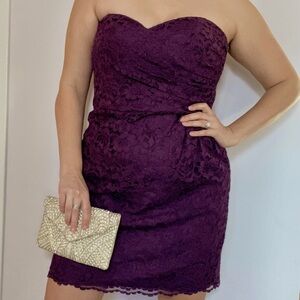 David’s Bridal Plum Lace Strapless Sweetheart Dress